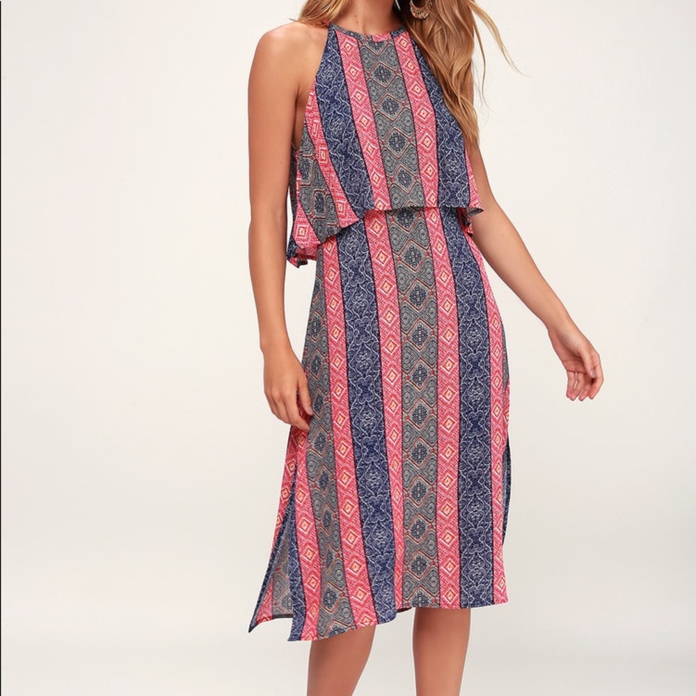Lulu's Kassandra Navy Blue Print Boho Midi Dress | XS | NWT